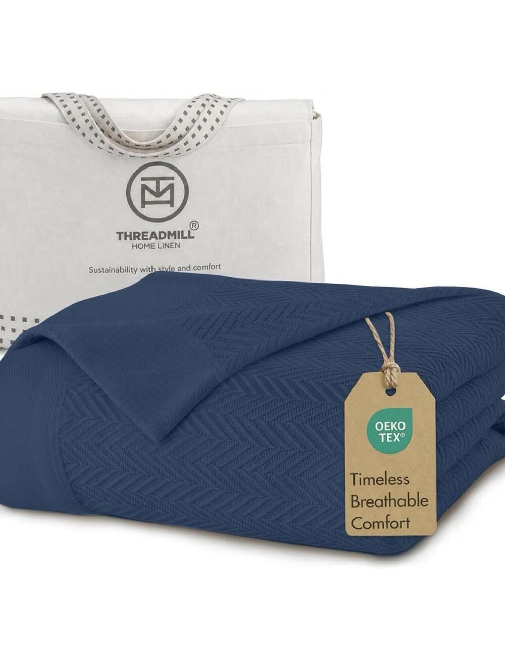 Threadmill Luxury 100% Cotton Queen Herringbone Blanket in Folkstone Blue Queen